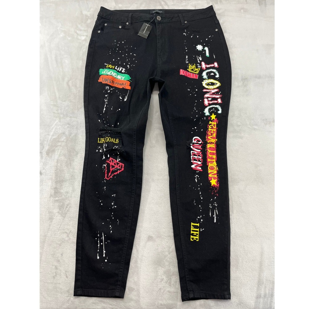 Ashley Stewart Iconic Graffiti Jeans Women 18 Black Ripped Paint Splatter NWT
